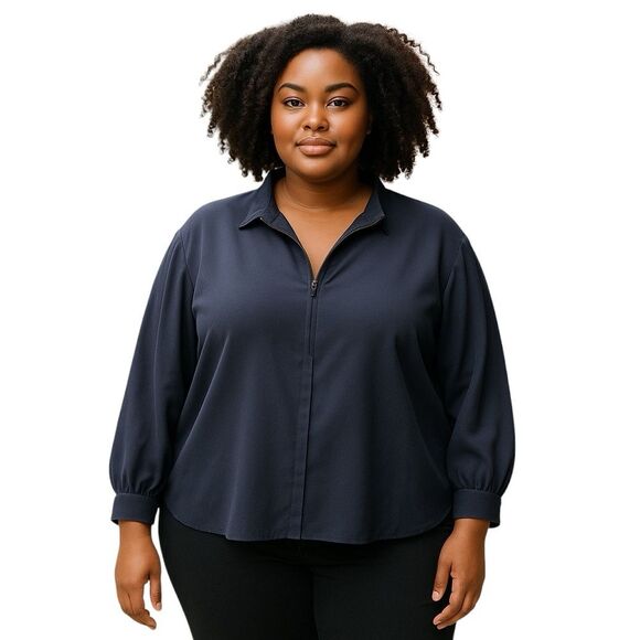 Talbots Plus 3X Navy Half-Zip Blouse Classic Lightweight Top, Workwear Essential - Picture 1 of 7